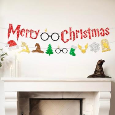 Imagem de KatchOn, Guirlanda de faixa de feliz Natal com glitter vermelho - 3 m, 2 cordas pré-montadas | Decoração de Natal com tema de feiticeiro | Decorações de pendurar de Natal, faixa relâmpago feliz Natal para lareira