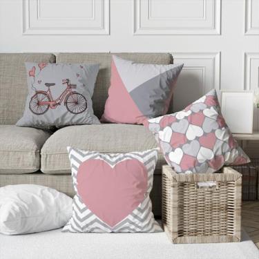 Imagem de Kit 4 Capas De Almofadas Decorativas Bicicleta Coração Cinza e Rosa - 