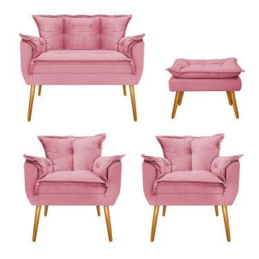 Imagem de Kit Namoradeira, 02 Poltronas e Puff Opala Palito Mel Suede Rosa Bebê 