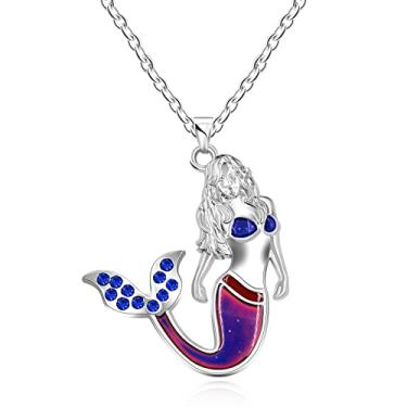 Imagem de Uloveido Colar boêmio de sereia de zircão azul, colar de pingente de sereia que muda de cor, colar feminino Y2323, Latão, Zircônia cúbica