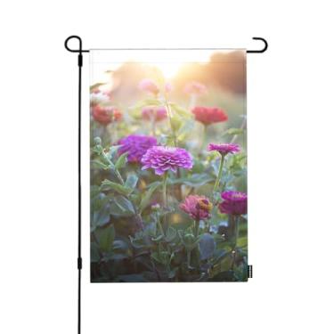 Imagem de HGOD DESIGNS Bandeiras de jardim de flores do pôr do sol para exterior roxo zinnia campo floral flor folha verde jardim pequeno bandeira quintal casa de fazenda decoração ao ar livre 12,5 x 18