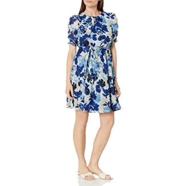 Imagem de Jessica Howard Vestido feminino pequeno floral manga bufante em chiffon estampado, Azul multi, 40
