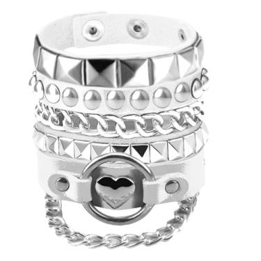 Imagem de Tosmifairy Conjunto de 3 pulseiras masculinas de couro sintético cravejadas punk-rock Y2K emo acessórios de pulseira larga para meninos ou meninas adolescentes, One Size, Couro sintético, Sem pedras