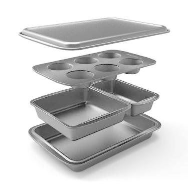 Imagem de Conjunto de 5 assadeiras Baker's Secret empilhável, inclui forma de muffin, assadeira, forma quadrada, forma de biscoito, forma de pão, fácil de armazenar, vai na lava-louças
