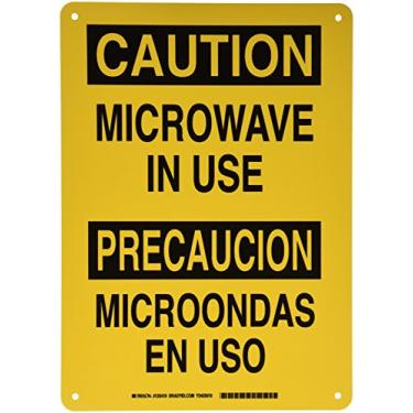Imagem de Brady Placa bilíngue 125419, legenda "Microwave in Use/Microondas En USO", 35,5 cm de altura, 25,4 cm de largura, preto em amarelo