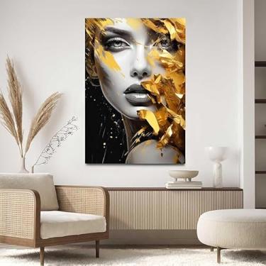 Imagem de Quadro Decorativo para Sala Quarto Hall 90x60 Salão Beleza Mulher Rosto Dourado Luxo