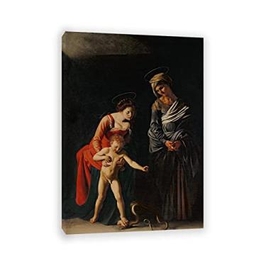 Imagem de Arte de parede em tela clássica emoldurada - Michelangelo Merisi Caravaggio Impressões - reprodução de pinturas a óleo famosas - Madonna e criança com uma serpente, 1605 pôsteres - imagens de arte em