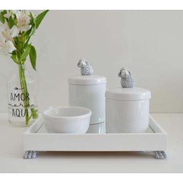 Imagem de Kit Higiene K049 Bandeja MDF Porcelanas Apliques Prata Quarto Bebê - C