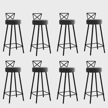 Imagem de Kit 08 Banqueta Alta Com Encosto Tânia Eiffel Cozinha Bar Bistrô Ferro Preto Corino Cinza - Ahz Móveis