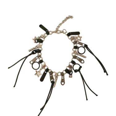 Imagem de Haoyull Colar de liga de liga única, com zíper, personalidade, corrente de clavícula, retrô, corrente de franja, cabeça, hip hop, acessório de moda feminina, tamanho: aprox. 41 cm, conforme mostrado