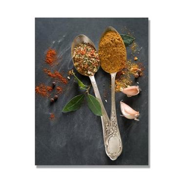 Imagem de Arte de parede colorida em tela para especiarias e colher de tempero | Decoração de cozinha vintage | Arte moderna para casa e sala de jantar (especiarias mistas 12). 50 x 65 cm - 19,7 x 25,6 pol sem