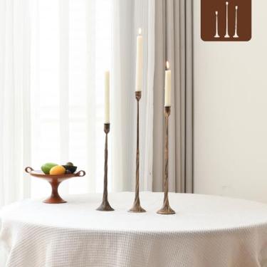 Imagem de Conjunto de 3 castiçais de vela, castiçais dourados antigos de ferro, serve para velas de 0,9 cm de espessura, castiçais cônicos para mesa de jantar, casamento, decoração de casa