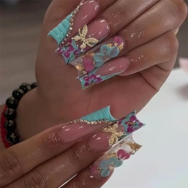 Imagem de RTKHFZE Unhas Postiças Quadradas Compridas, Unhas Postiças Azuis Com Ponta Francesa E Cola Para Unhas Com Desenhos 3D De Flores E Borboletas, Unhas Postiças De Acrílico Brilhantes Com Cobertura Tot