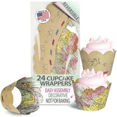 Imagem de Decorações temáticas para viagem – 36 embalagens de cupcake de mapa vintage | Suprimentos para festa de aposentadoria de despedida, aniversário de avião, aventura espera formatura ou chá de bebê, implantação da força aérea