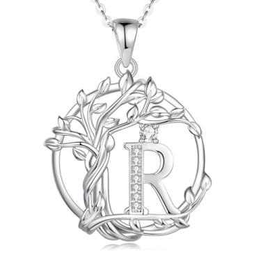 Imagem de FANCIME Presentes de dia das mães, árvore da vida, colares com inicial para mulheres, joia de árvore de prata esterlina, pingente de letra de diamante simulado, zircônia cúbica, zircônia cúbica,