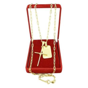 Imagem de Corrente Masculina 60Cm 3Mm Cruz + Placa Folheada Ouro Cr809 - Wnbijou