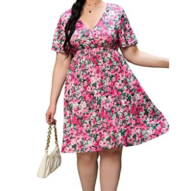 Imagem de ShopWonder Vestido plus size feminino, gola V, evasê, comprimento até o joelho, vestido rodado, plus size, minivestido de festa, Estampa rosa, 3G