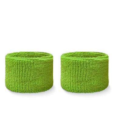 Imagem de Couver Pulseiras de transpiração absorventes para tênis, futebol, basquete, corrida, esportes atléticos e malhação - pulseira esportiva de algodão liso verde limão Terry Colth (1 par)