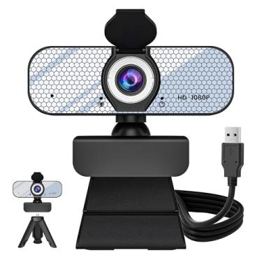 Imagem de GOZVRPU Webcam HD 1080p com microfone embutido, tripé giratório, lente grande angular, capa de privacidade, correção automática de luz, webcam USB -A Plug & Play para laptop, desktop, PC, transmissão