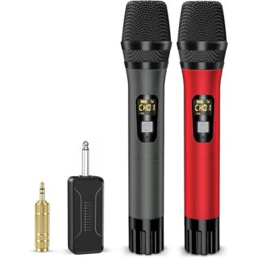 Imagem de Microfones sem fio, sistema de microfone dinâmico duplo sem fio UHF de metal portátil com receptor recarregável, saída de 1/10.2 cm, alcance de 50 metros, conexão automática para karaokê, discurso,
