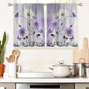 Imagem de AAtter Cortinas de janela florais roxas para cozinha lavanda lilás flores meninas borboleta diversão pequena curta casa sala de estar quarto banheiro cortinas tratamento tecido 1 par, 69,8 cm L x 91,4