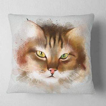 Imagem de Designart Arrojado Marrom Gato Aquarela Esboço Animal Manta Sala de Estar, Sofá, Almofada de Alta Qualidade Estampada 66 x 66 cm