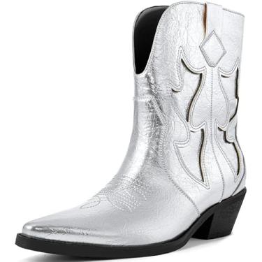 Imagem de HOCHFART Botas femininas de caubói metálicas bordadas, bico fino, botas de cowgirl, salto grosso, botas curtas ocidentais, panturrilha larga, bota de cano curto, Prata, 40