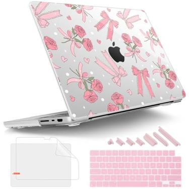 Imagem de Tuiklol Capa rígida para MacBook Pro de 14 polegadas versão 2024-2021 M4 A3112 A3401 A3185/M3 A2918 A2992/M2 A2779/M1 A2442 Pro/Max, capa rígida com protetor de tela para Touch ID, arco e rosa branca