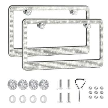 Imagem de Piburth Moldura de placa de carro brilhante, capa de placa de licença de aço inoxidável com strass brilhante, universal para a maioria dos carros, SUVs, veículos com conjunto de parafusos, acessórios