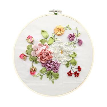 Imagem de SARBUTER Kits de bordado de fita, design floral 3D com moldura, kits de costura de carimbo de arte de bordado DIY para decoração de casa (flores frescas-04)