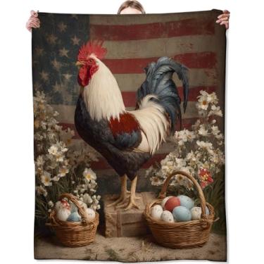 Imagem de Zeleda Cobertor rústico de galo, cobertores de flores e ovos de Páscoa com bandeira americana, presentes para adultos e crianças, casa, dormitório, área de animais de estimação, piquenique e decoração