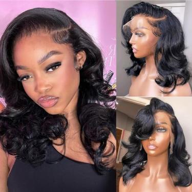 Imagem de Zojj Peruca Bob 33 x 15 cm cabelo humano 40,6 cm ondulado HD peruca frontal cabelo humano pré-arrancado densidade 180 perucas de cabelo humano sem cola para mulheres perucas bob frontal cor preta