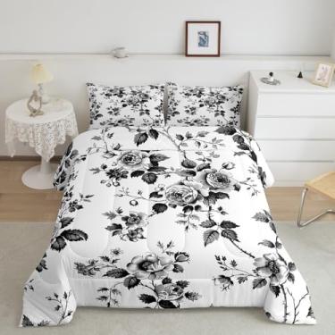 Imagem de Feelyou Conjunto de cama solteiro com estampa floral botânica para crianças, meninos e meninas, estampa de flores, com tema natural, preto e branco