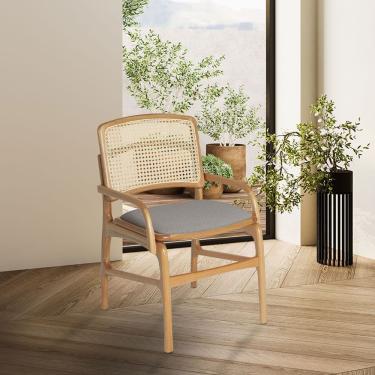 Imagem de Cadeira De Jantar Florença Madeira Jequitibá Natural Com Braço Linho - Cinza E Encosto De Palha