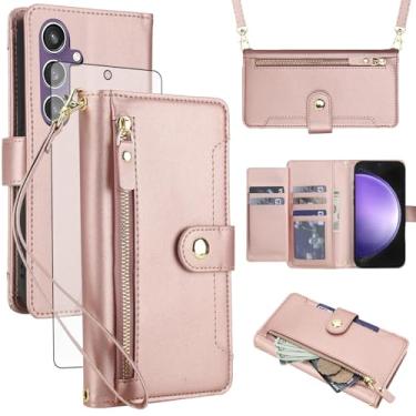 Imagem de Asuwish Capa de celular para Samsung Galaxy S23 FE 5G carteira com zíper, protetor de tela de vidro temperado e alça de pulso transversal, porta-cartão de crédito S 23 EF S23FE 23S mulheres meninas