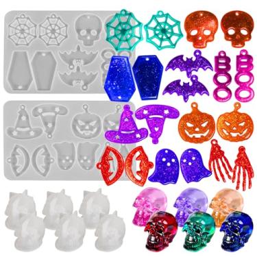 Imagem de Wehous 8 peças de moldes de resina de Halloween, 2 moldes exclusivos de pingente de brinco e 6 mini moldes de caveira, morcego de bruxa, abóbora, moldes de silicone para argila de fundição de resina