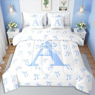 Imagem de Erosebridal Conjunto de edredom Queen com letra A com 7 peças, fofo, monograma, laço azul e branco, conjunto de cama para crianças, meninas, mulheres, moderno, simples, azul, branco, nó