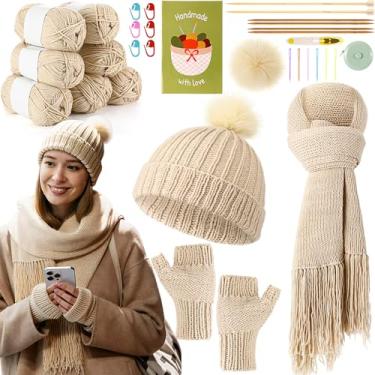 Imagem de Maasechs Kit de tricô para iniciantes, kit de aprender a tricotar para adultos, chapéu completo, cachecol, luvas para iniciantes com instruções passo a passo, inclui fio de lã, agulhas e acessórios