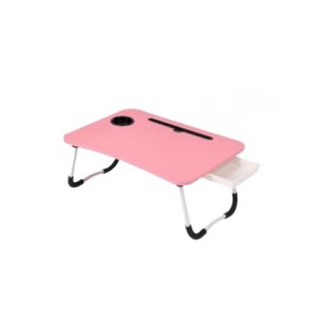 Imagem de Mesa Portátil Dobrável Com Gaveta Para Notebook Home Office Estudo Refeição Cama Com Porta Copo MDF(ROSA COM GAVETA)