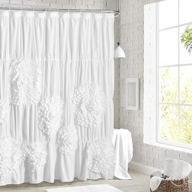Imagem de Homechoice Decor Cortina de chuveiro floral branca com babados 182 x 182 cm, design texturizado elegante com painel de costura reforçado, decoração de banheiro com tecido macio e estrutura durável