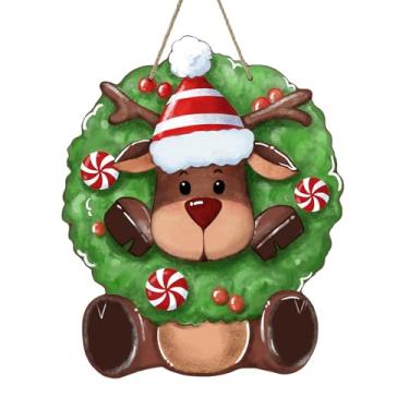 Imagem de Bolisom Guirlanda de rena de Natal, placa de porta da frente, lindo cabide de madeira doce de hortelã-pimenta para uso ao ar livre, varanda, decoração de casa, decoração de parede interna de madeira