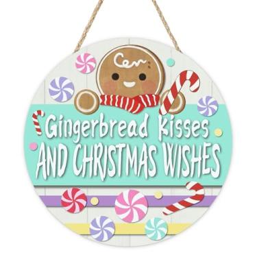 Imagem de Bolisom Placa para porta da frente, beijos de gengibre e desejos de Natal, suporte de madeira doce de hortelã-pimenta para decoração de casa, decoração de casa, guirlanda de madeira de casa de fazenda