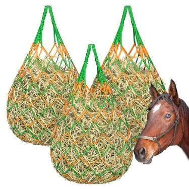 Imagem de YedsIntu 3 sacos de feno para cavalos, redes de feno para cavalos, cabras, ovelhas, alimentador de feno de cabra para alimentação mais lenta, saco de feno de suporte de carga forte pendurado para