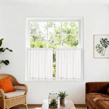 Imagem de Cortina curta branca creme para cozinha, lavanderia, banheiro, 60 cm de comprimento, 2 painéis, cortinas pequenas sobre a pia, bolso para varão, cortinas semitransparentes para café 76 x 61 cm