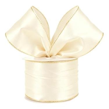 Imagem de Fita de cetim com fio, 6 cm x 20 metros, borda metálica, decoração de árvore de Natal (marfim, 5 cm)