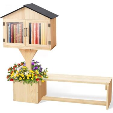 Imagem de Wonderjune Caixa de madeira pequena biblioteca gratuita ao ar livre porta dupla camada externa caixa externa com assentos de madeira combinando, plugues de chão e pequena cerca de flores para bairros