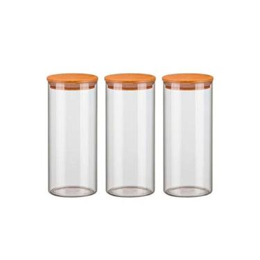 Imagem de Kit 3 Potes Vidro 1500Ml Hermético Tampa Madeira Bambu Porta