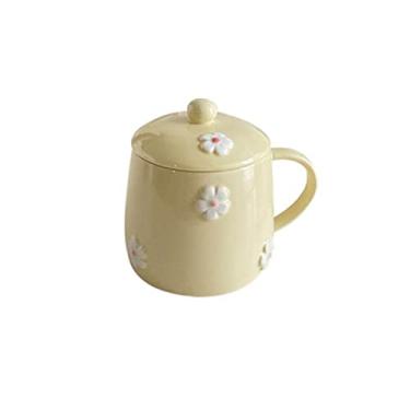 Imagem de Xícara de chá de leite caneca de cerâmica xícara de chá doméstica xícara de leite coreana pintada à mão margarida com tampa copo pode ser colocada no micro-ondas xícara de chá (cor: amarelo)