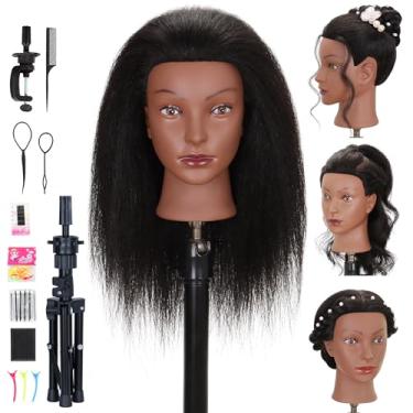 Imagem de Cabeça de manequim com cabelo humano 100% real, cabeça de boneca de treinamento de cosmetologia para prática de cabeleireiro, trança e penteado, com suporte de grampo (45,7 cm + tripé)