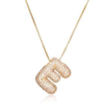 Imagem de Colar feminino, colar com letra de diamante dourado com inicial de zircão, alfabeto, colar de bolhas de cristal, pingente de nome, joia (E)
